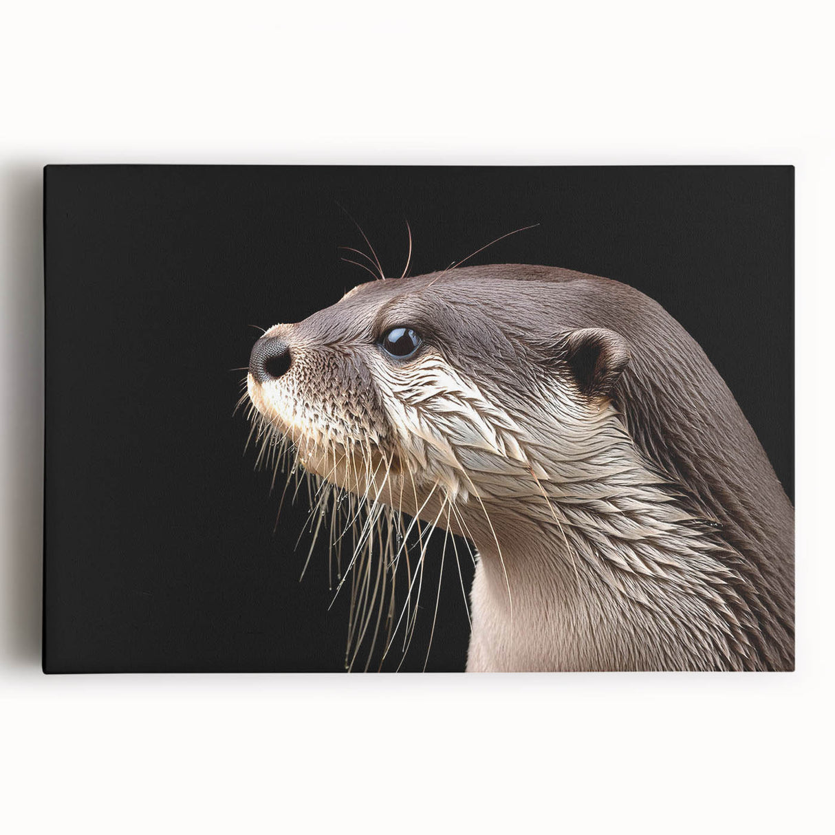 Sea otter-themed wall art design displayed on stretched canvas, showcasing vibrant colors and intricate marine life details, perfect for ocean-inspired decor.