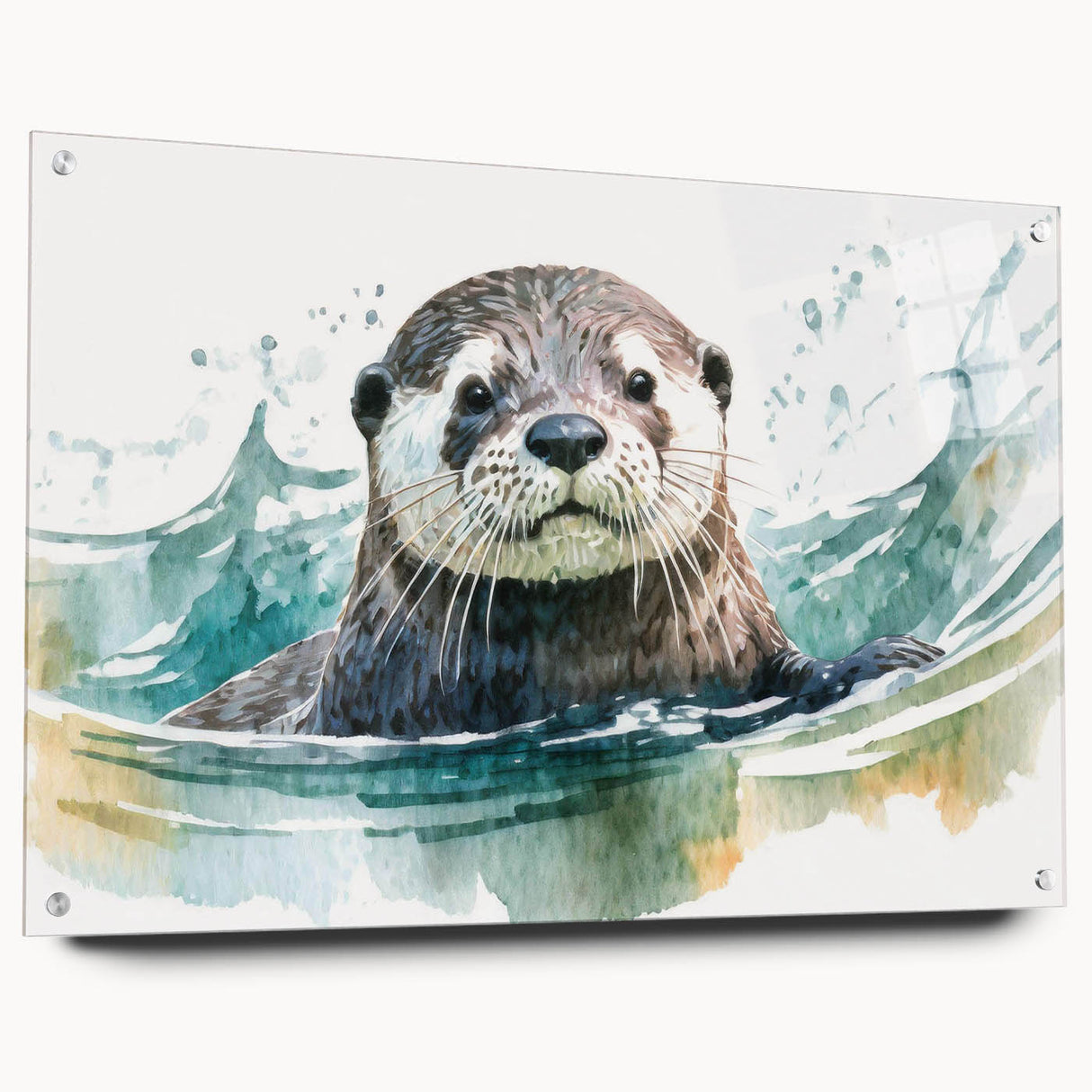 Sea otter wall art collection displayed in acrylic glass, showcasing vibrant marine life design with detailed pin mounts, ideal for coastal-themed decor.