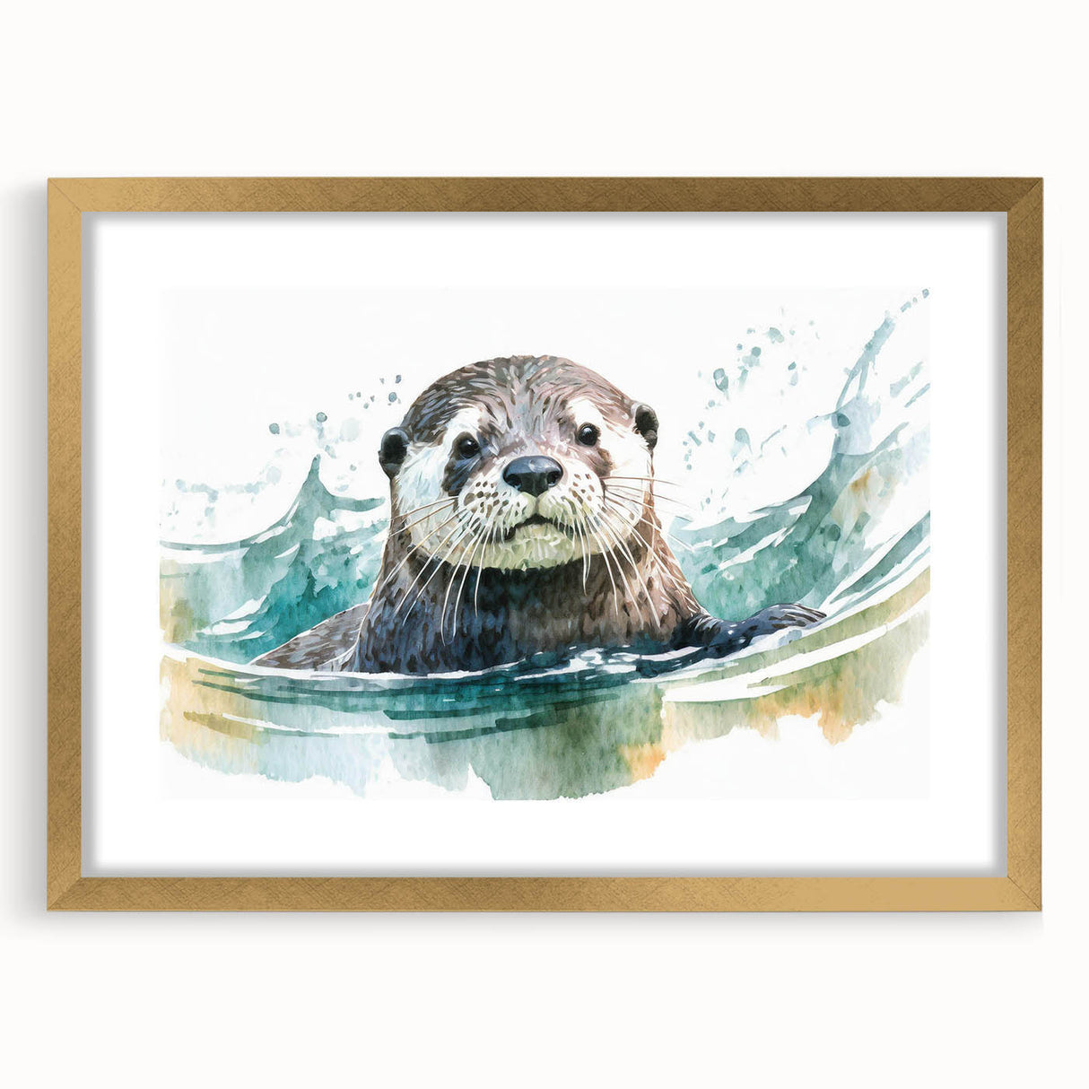 Elegant wall art featuring a marine life design of a playful sea otter, framed with a gold mat. Perfect for ocean-themed decor, adding a touch of nature to any space.