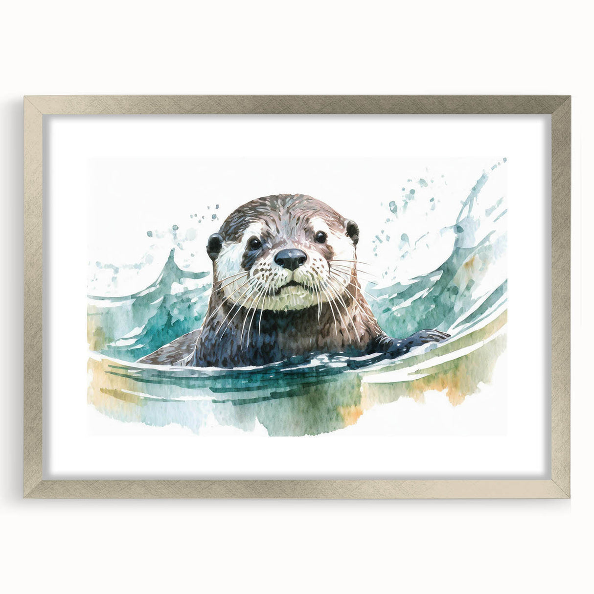 Stylish silver-framed wall art showcasing a playful sea otter design, featuring vibrant marine life colors and a modern mat, perfect for coastal decor enthusiasts.