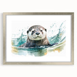 Stylish silver-framed wall art showcasing a playful sea otter design, featuring vibrant marine life colors and a modern mat, perfect for coastal decor enthusiasts.