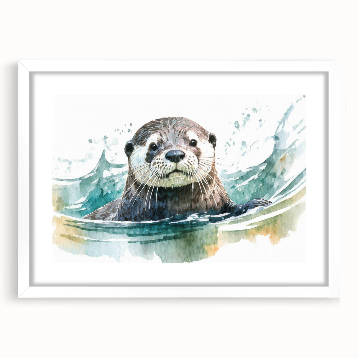 Framed marine life wall art featuring a playful sea otter design on a white mat, showcasing vibrant colors and intricate details, perfect for ocean-themed decor.