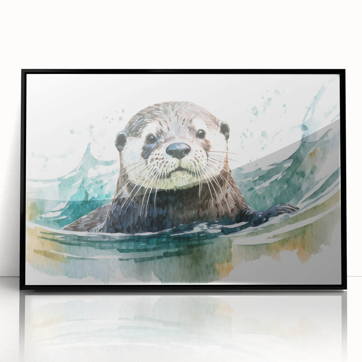 Framed wall art collection showcasing a vibrant marine life design featuring a playful sea otter, set against a sleek black frame, ideal for ocean-themed decor.