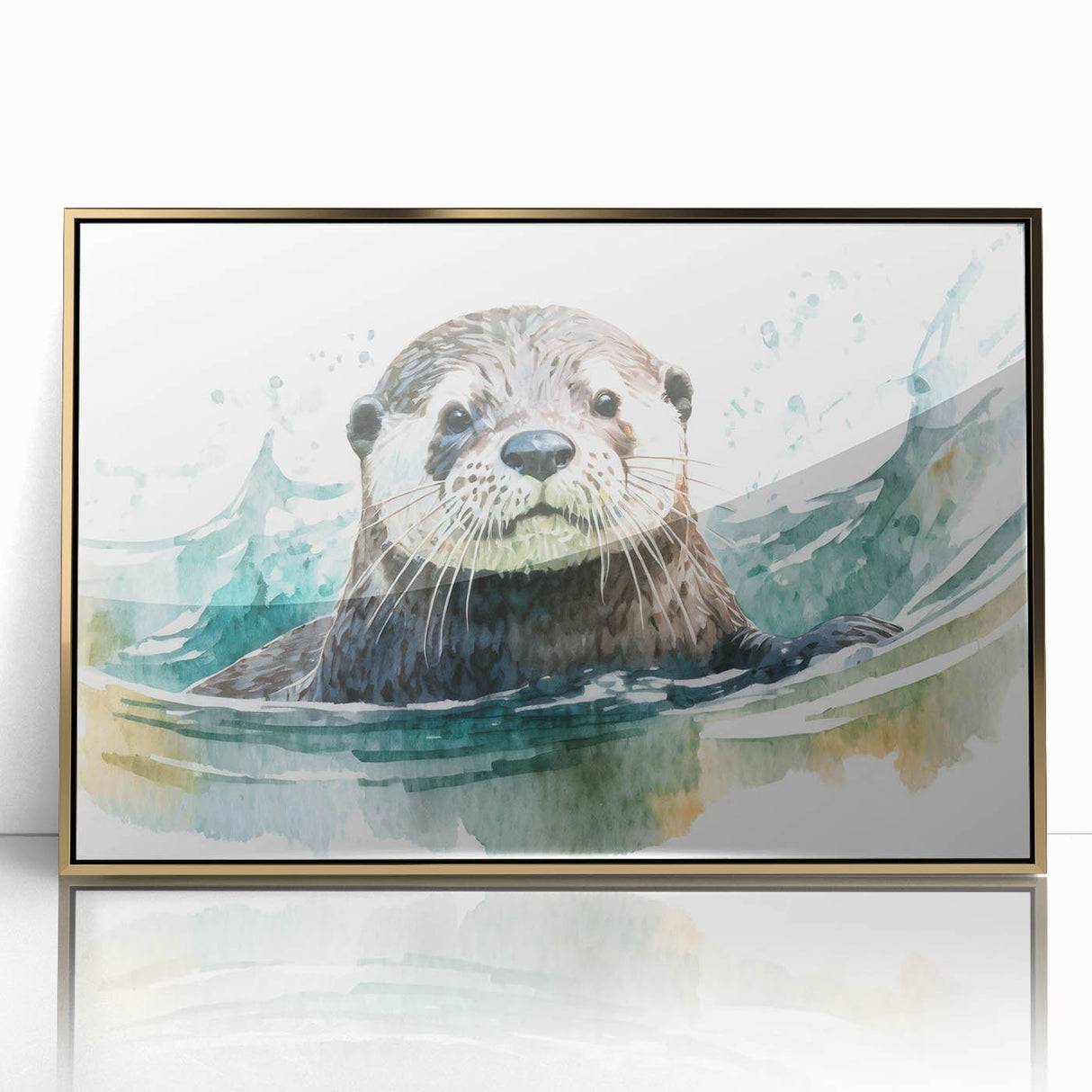 Framed wall art featuring a vibrant sea otter design, set in a sleek gold frame, showcasing marine life in vivid colors, perfect for ocean-themed decor.