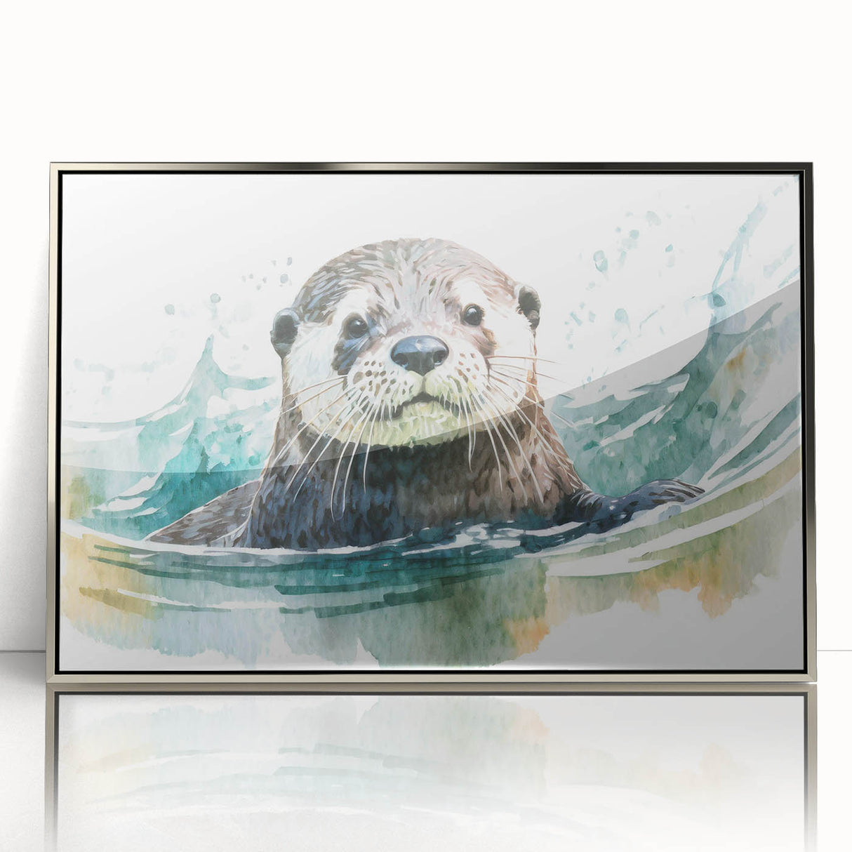 Framed acrylic wall art showcasing a vibrant sea otter design, featuring intricate marine life details and a sleek silver frame, perfect for ocean-themed decor.