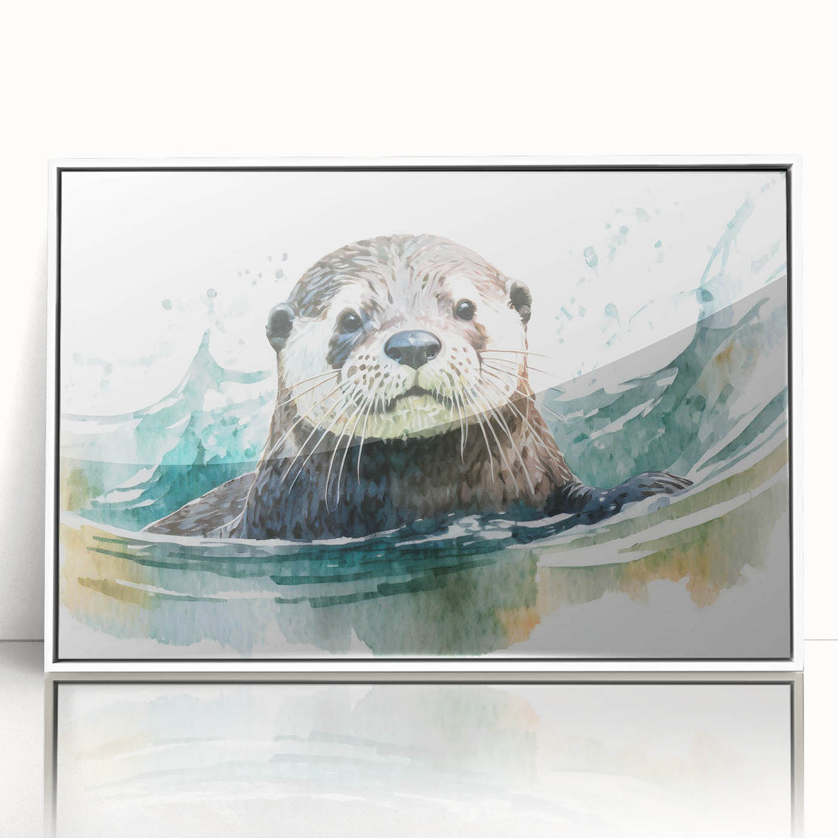 Framed wall art featuring a vibrant marine life design showcasing a playful sea otter against a bright blue background, ideal for ocean-themed decor.