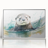 Framed wall art featuring a vibrant marine life design showcasing a playful sea otter against a bright blue background, ideal for ocean-themed decor.