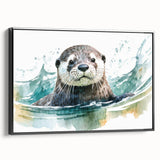 Framed canvas wall art showcasing a playful sea otter design, featuring vibrant colors and a black frame, perfect for marine life enthusiasts and home decor.