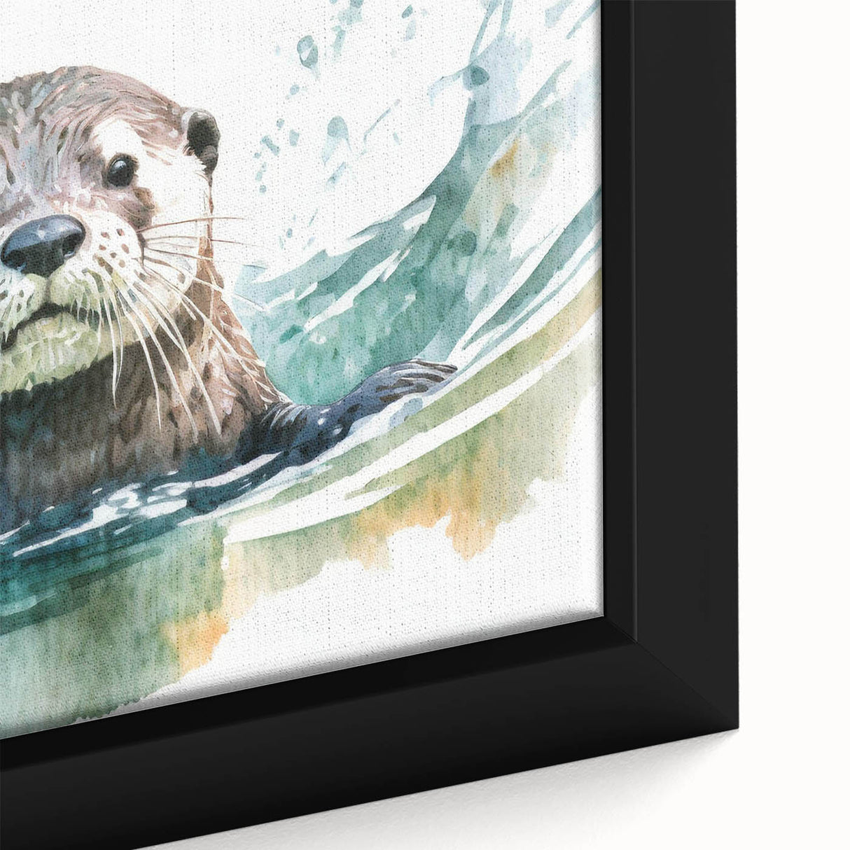 Close-up of a framed wall art canvas featuring a vibrant marine life design, showcasing a playful sea otter among colorful ocean elements, perfect for coastal decor.
