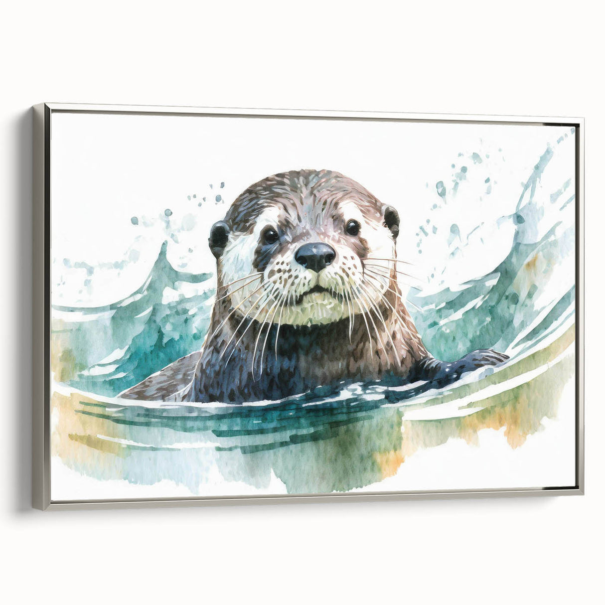 Framed wall art featuring a charming sea otter design on a canvas, showcasing vibrant colors with a silver frame, perfect for marine life enthusiasts.