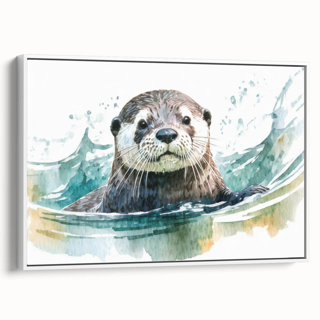 Framed canvas wall art featuring a charming design of a sea otter swimming among marine life, set against a white background; perfect for ocean-themed decor.