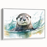Framed canvas wall art featuring a charming design of a sea otter swimming among marine life, set against a white background; perfect for ocean-themed decor.