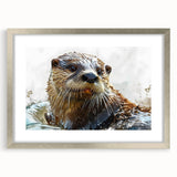 Framed wall art showcasing a playful sea otter design, featuring vibrant colors and intricate details, with a silver frame and mat for an elegant display.