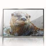 Framed acrylic wall art showcasing a playful sea otter design with vibrant marine life elements, presented in a sleek silver frame, ideal for ocean-themed decor.