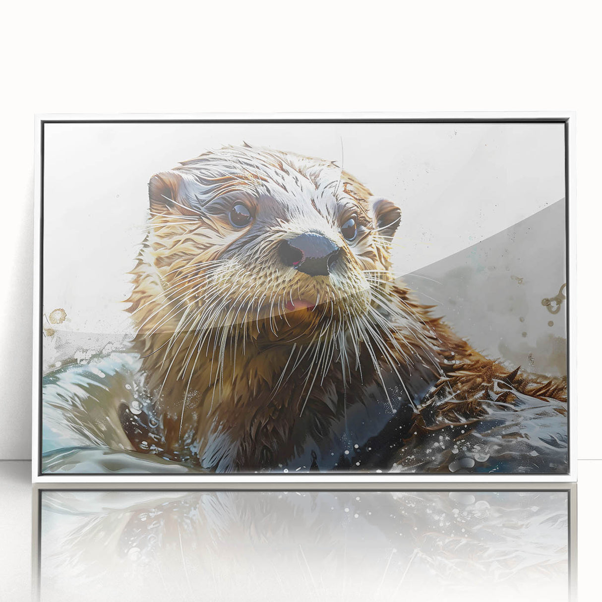 Framed acrylic wall art showcasing a playful sea otter design, set against a white background, perfect for marine life enthusiasts and home decor lovers.