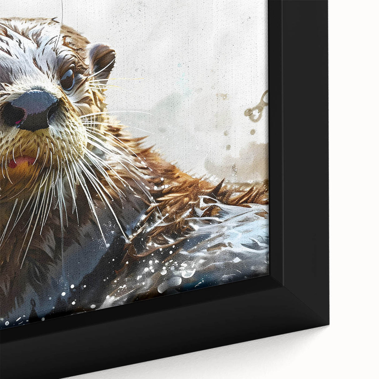 Close-up of a beautifully framed canvas print showcasing a playful sea otter design, featuring vibrant marine colors and intricate details, perfect for ocean-themed decor.
