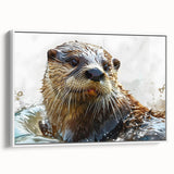 Framed canvas wall art featuring a playful sea otter design in vibrant colors, showcasing marine life, ideal for enhancing coastal-themed decor.