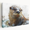 Stretched canvas wall art featuring a playful sea otter design in vibrant colors, showcasing marine life in a serene underwater setting. Perfect for ocean-themed decor.