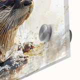 Close-up of a vibrant marine life wall art piece featuring a playful sea otter design, crafted on acrylic glass, showcasing vivid colors and fine details.
