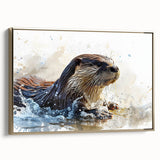 Framed canvas wall art featuring a playful sea otter design in vibrant colors, set against a gold background, perfect for marine-themed decor.