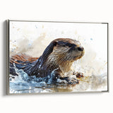 Framed canvas wall art showcasing a playful sea otter design in vibrant colors, set against a silver frame, perfect for marine life enthusiasts.
