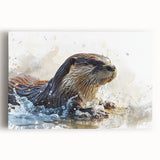 Stretched canvas wall art showcasing a playful sea otter design in vibrant colors, ideal for marine-themed decor, adding a touch of whimsy to any room.