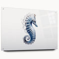 Vibrant wall art featuring a seahorse design, crafted from acrylic glass, showcased in a side view with decorative pins, perfect for marine life enthusiasts.