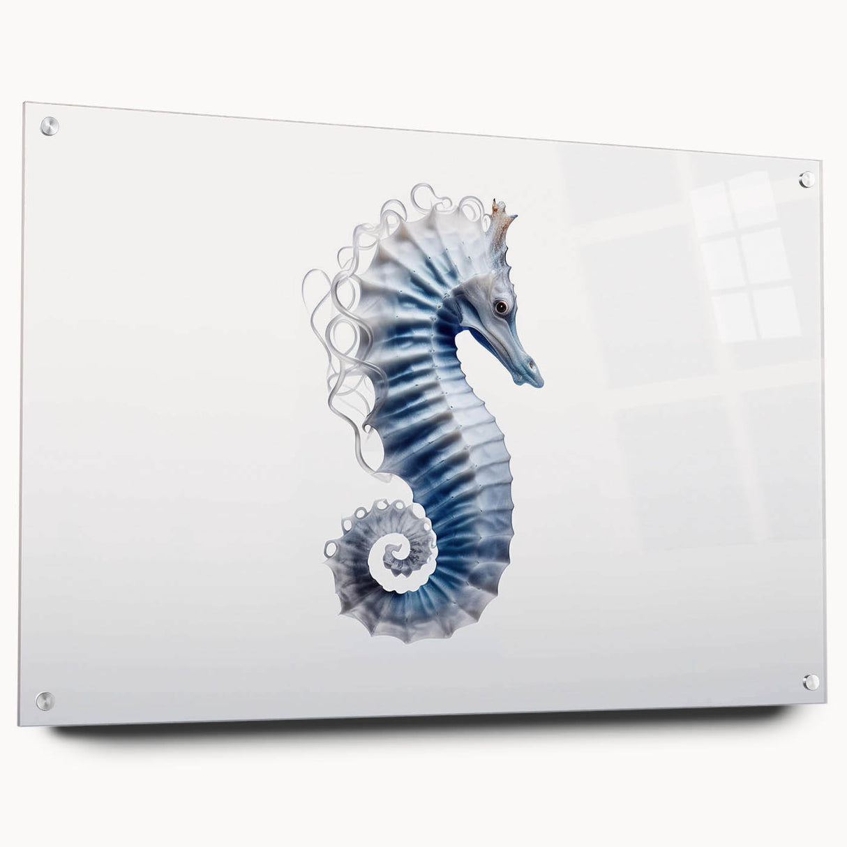 Vibrant wall art featuring a seahorse design, crafted from acrylic glass, showcased in a side view with decorative pins, perfect for marine life enthusiasts.