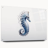 Vibrant wall art featuring a seahorse design, crafted from acrylic glass, showcased in a side view with decorative pins, perfect for marine life enthusiasts.