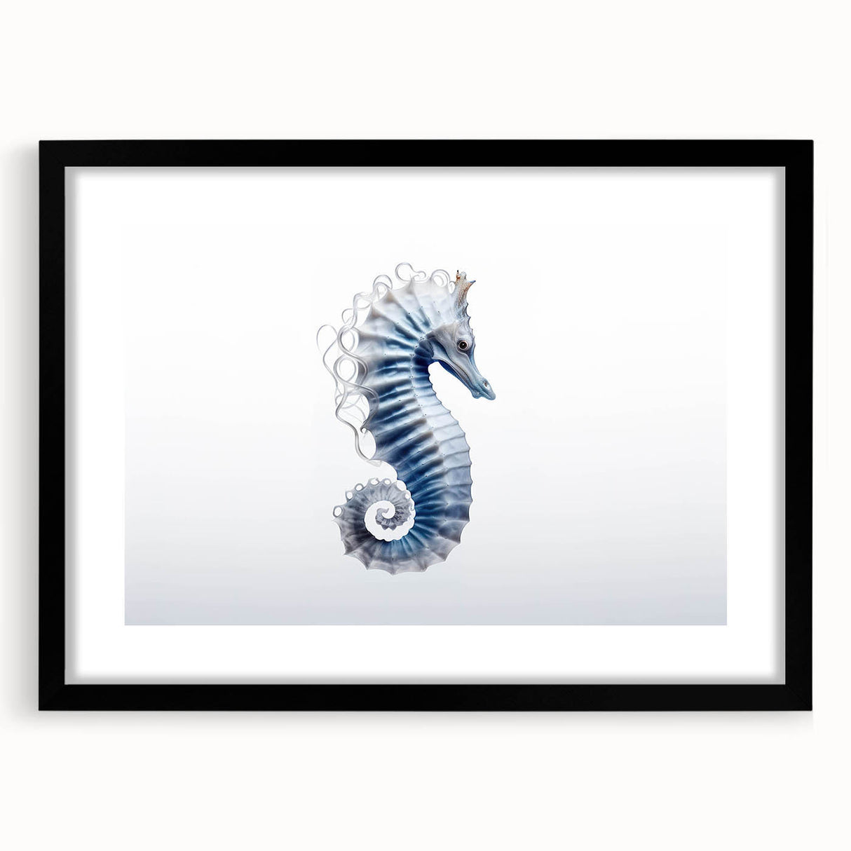 Black-framed wall art featuring a vibrant marine life seahorse design, ideal for ocean-themed decor, showcasing intricate details and colors. Perfect for enhancing home aesthetics.