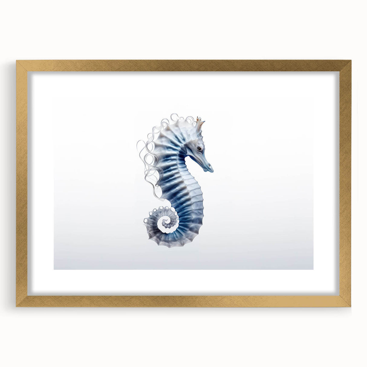 Elegant gold-framed wall art showcasing a vibrant seahorse design, part of a marine life collection, perfect for coastal-themed decor.