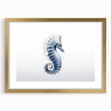 Elegant gold-framed wall art showcasing a vibrant seahorse design, part of a marine life collection, perfect for coastal-themed decor.