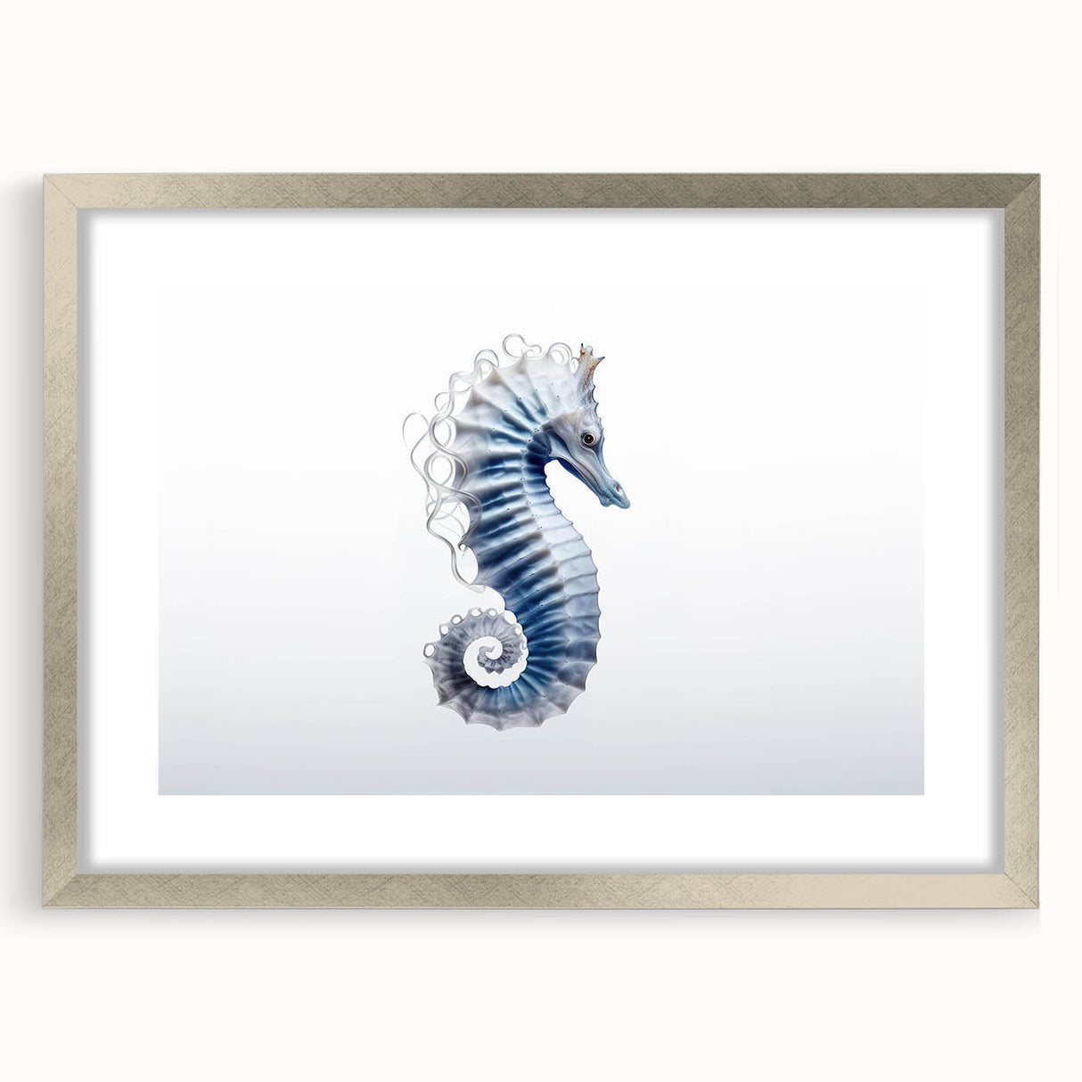 Framed wall art collection featuring a detailed seahorse design, elegantly presented with a silver mat and frame, showcasing marine life in vibrant colors.