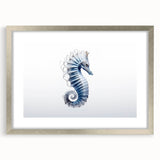 Framed wall art collection featuring a detailed seahorse design, elegantly presented with a silver mat and frame, showcasing marine life in vibrant colors.