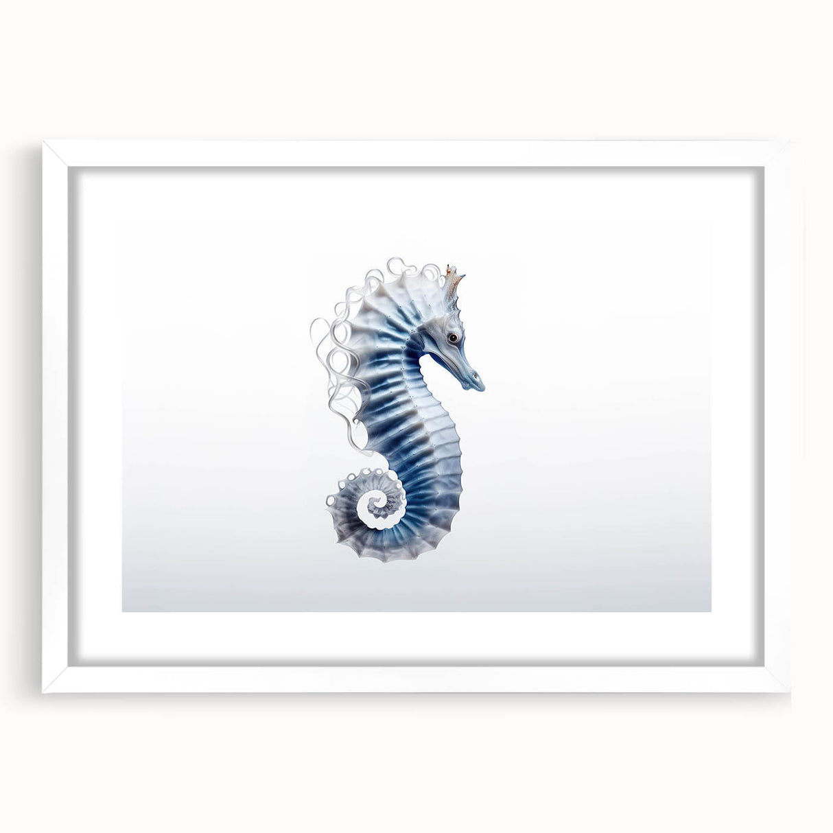 Framed wall art featuring a detailed design of a seahorse amidst marine life, presented with a white mat for a modern touch, perfect for ocean-themed decor.