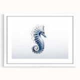 Framed wall art featuring a detailed design of a seahorse amidst marine life, presented with a white mat for a modern touch, perfect for ocean-themed decor.