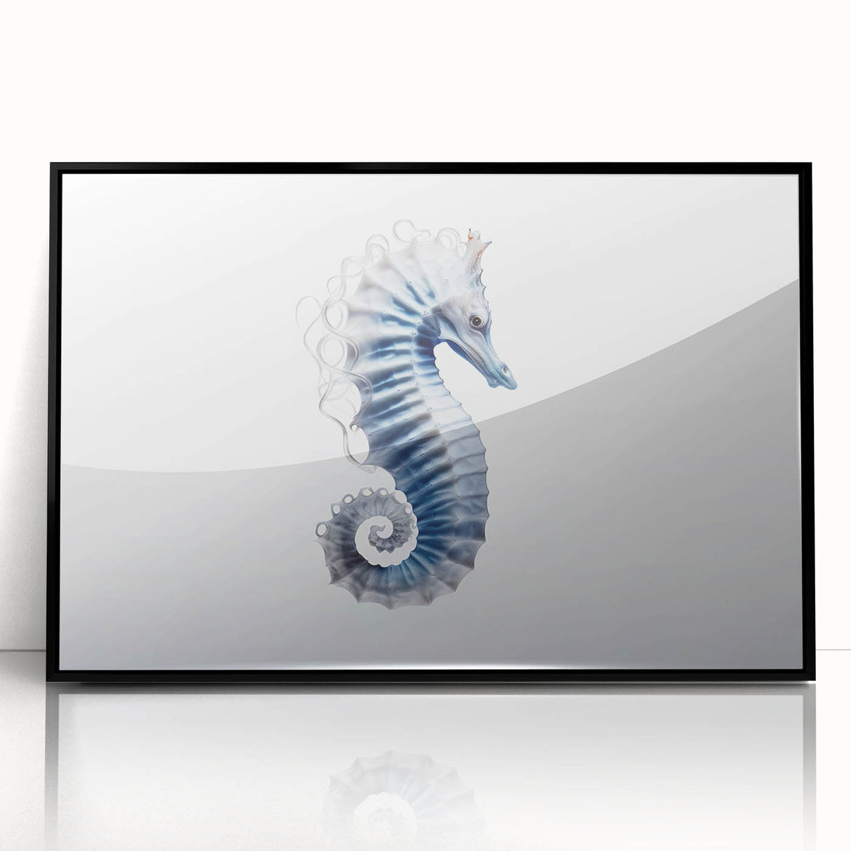 Framed wall art featuring a vibrant seahorse design in an acrylic finish, showcasing intricate marine life details against a sleek black background. Perfect for ocean-themed decor.