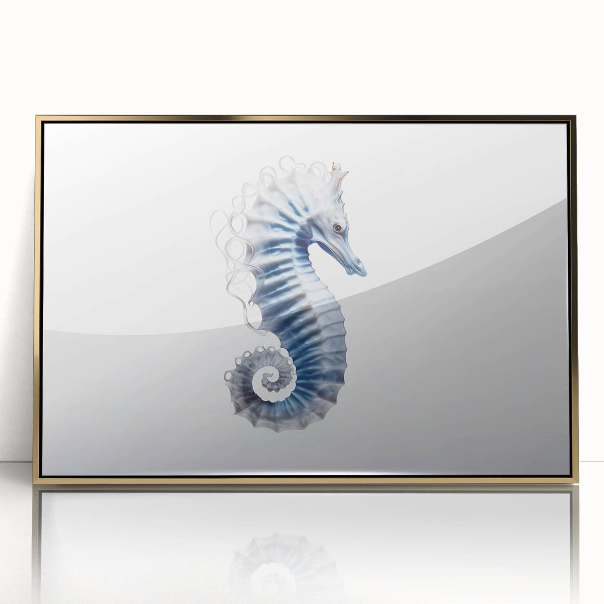 Framed wall art featuring a stunning marine life design of a seahorse, elegantly presented with a gold-acrylic finish, ideal for ocean-themed decor enthusiasts.