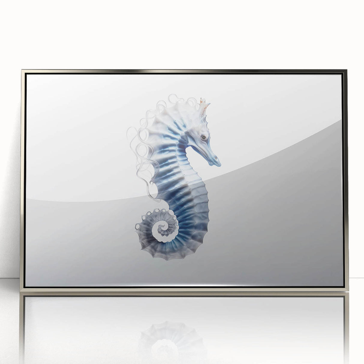 Framed wall art showcasing a vibrant marine life seahorse design in silver acrylic, perfect for ocean-themed decor. Adds a touch of elegance and color to any space.