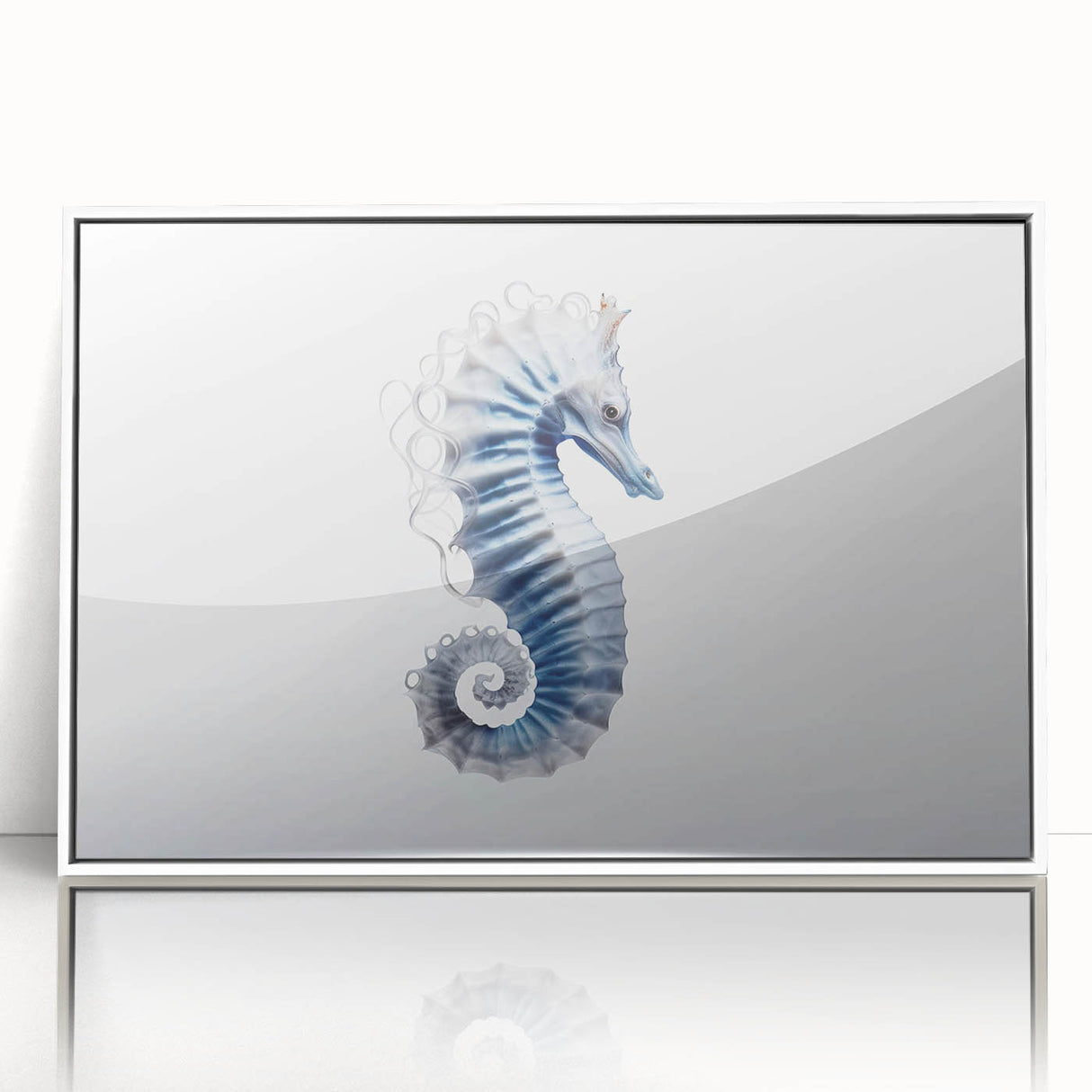 Framed wall art featuring a vibrant marine life design with a seahorse, set in a white frame, showcasing colorful ocean-themed decor ideal for coastal aesthetics.