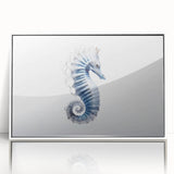 Framed wall art featuring a vibrant marine life design with a seahorse, set in a white frame, showcasing colorful ocean-themed decor ideal for coastal aesthetics.