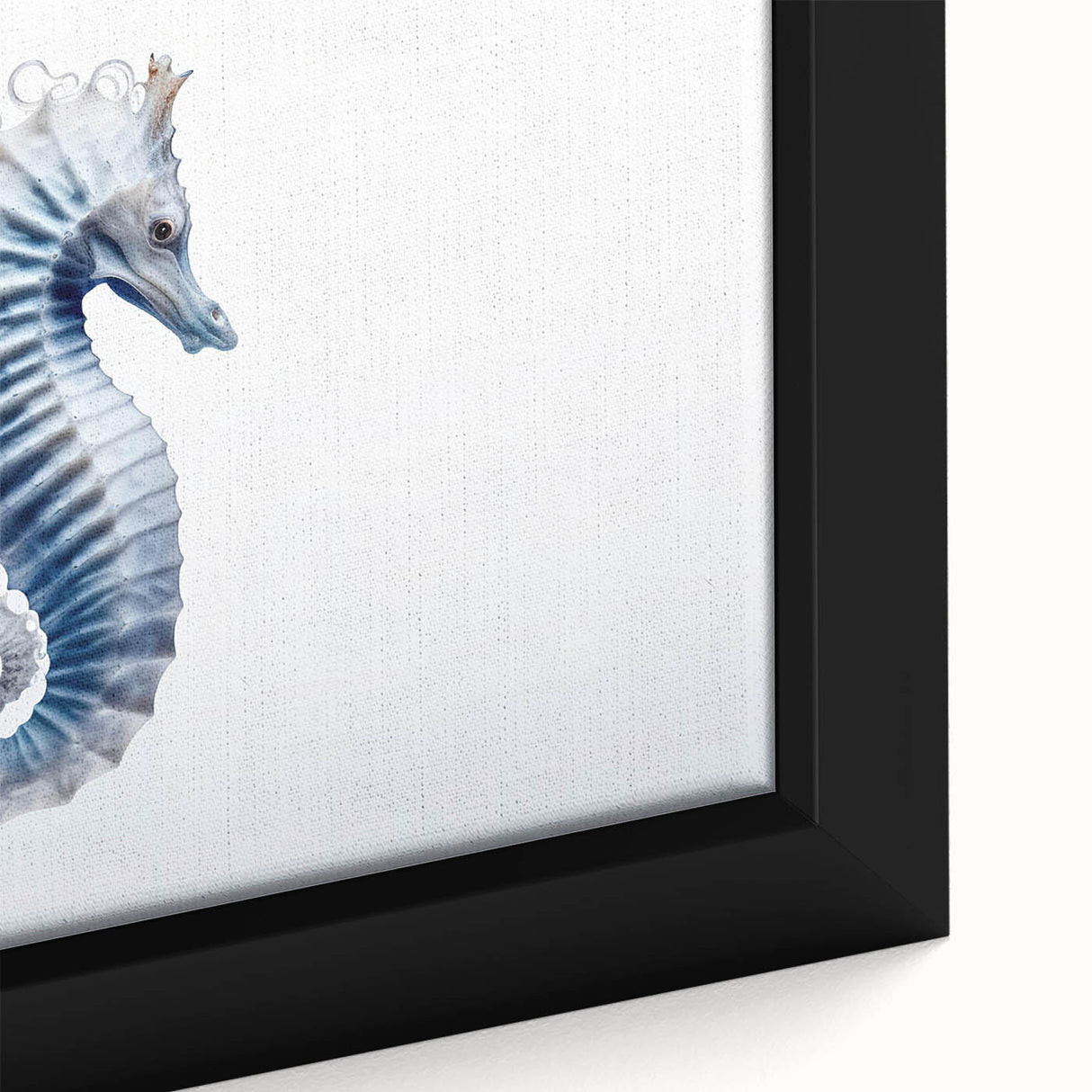 Close-up of a framed wall art piece depicting a vibrant seahorse design, showcasing intricate details and colors, perfect for marine life enthusiasts and home decor.