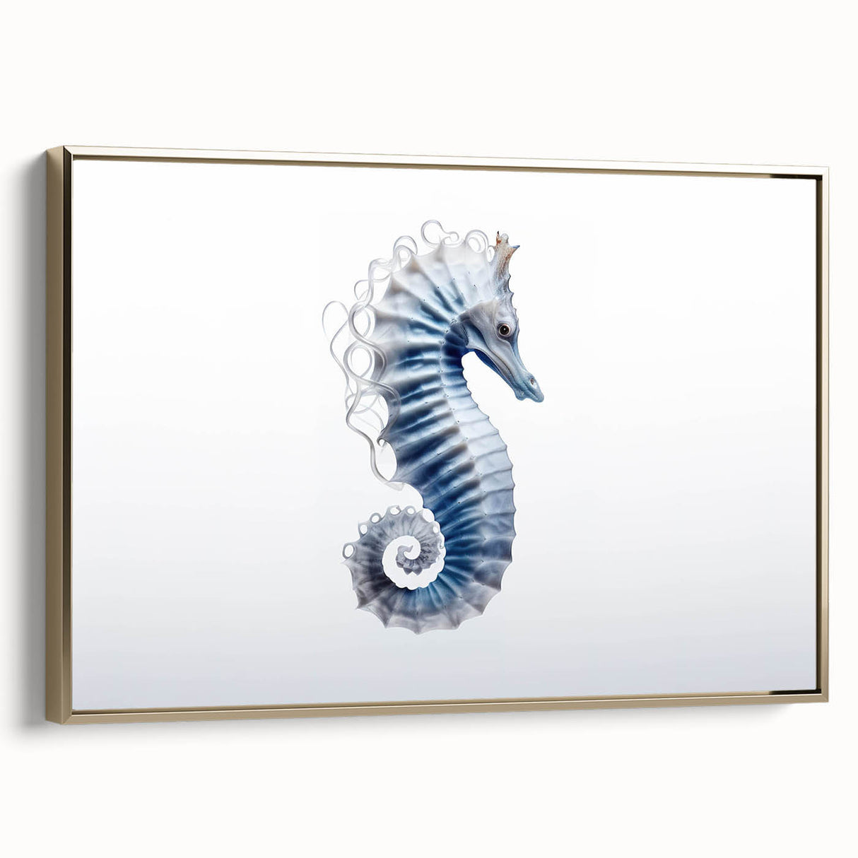 Framed canvas wall art featuring a vibrant gold-colored seahorse design, showcasing intricate details and textures, ideal for marine-themed decor.