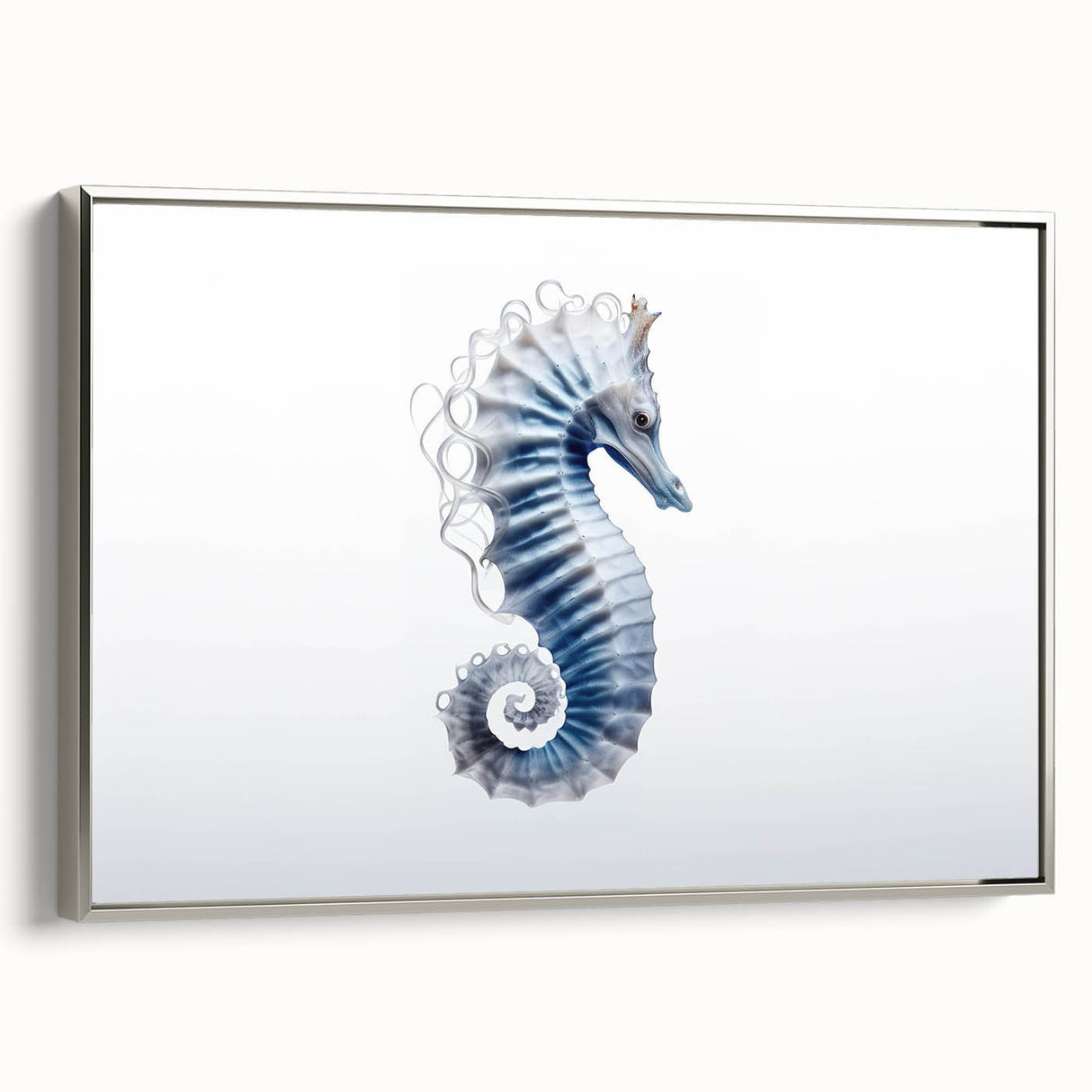 Framed wall art featuring a silver side view of a seahorse design, showcasing intricate marine life details on a canvas, perfect for coastal decor enthusiasts.
