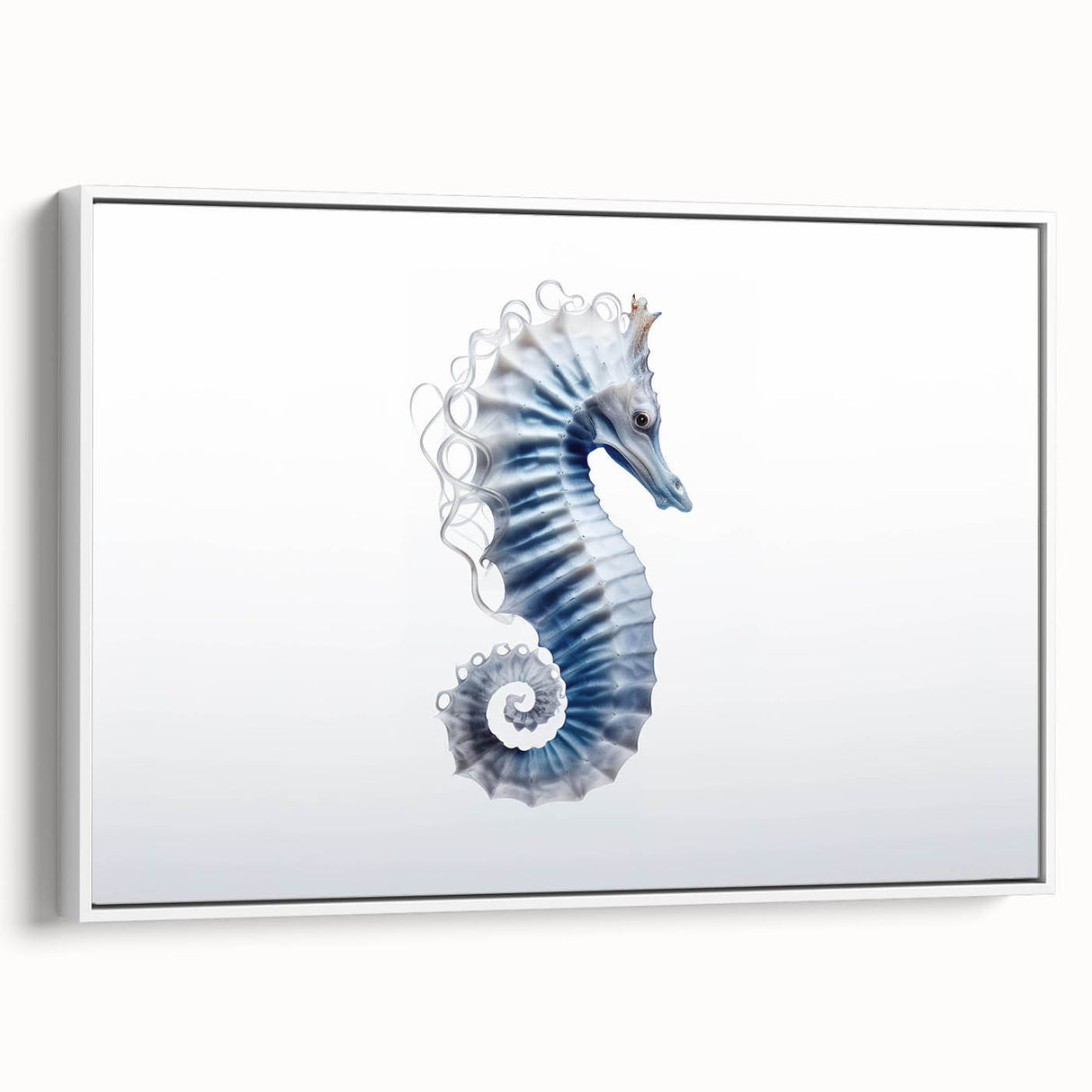 Framed canvas wall art featuring a vibrant seahorse design in shades of blue and orange, showcasing intricate details against a white background, perfect for marine-themed decor.