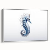 Framed canvas wall art featuring a vibrant seahorse design in shades of blue and orange, showcasing intricate details against a white background, perfect for marine-themed decor.