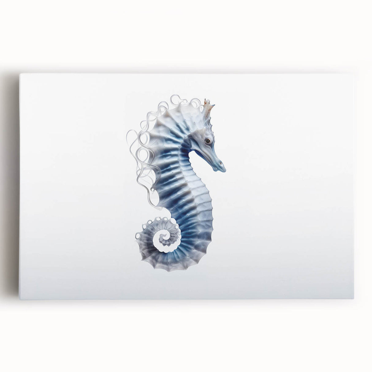 Vibrant stretched canvas wall art showcasing a detailed seahorse design in shades of blue and green, perfect for marine-themed decor in homes or offices.
