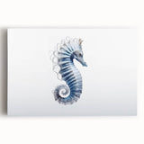 Vibrant stretched canvas wall art showcasing a detailed seahorse design in shades of blue and green, perfect for marine-themed decor in homes or offices.