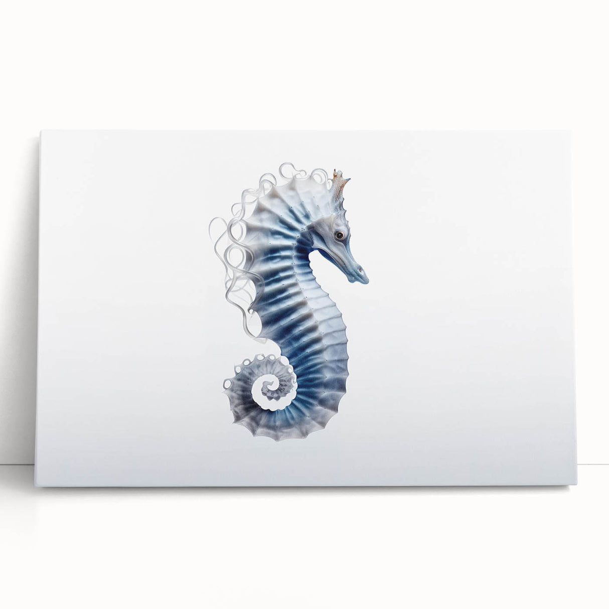 Colorful seahorse wall art design on stretched canvas, showcasing marine life details with vibrant hues, ideal for ocean-themed decor or aquatic art enthusiasts.