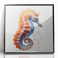 Framed wall art design featuring a detailed seahorse illustration in vibrant colors, set against a sleek black background, ideal for marine life enthusiasts.